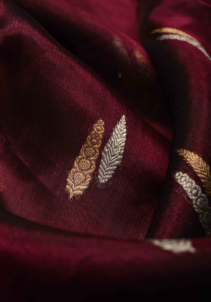 Wine Banarasi Organza Tissue Silk Saree with Sona Rupa Zari Buttas and Fancy Lace Trim Border | SILK MARK CERTIFIED | SHOBITAM