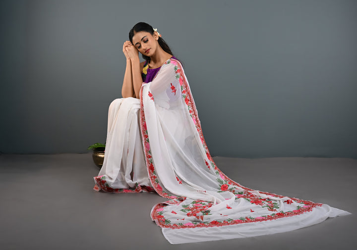 Off White Kashmiri Aari Georgette Saree with Floral Embroidery