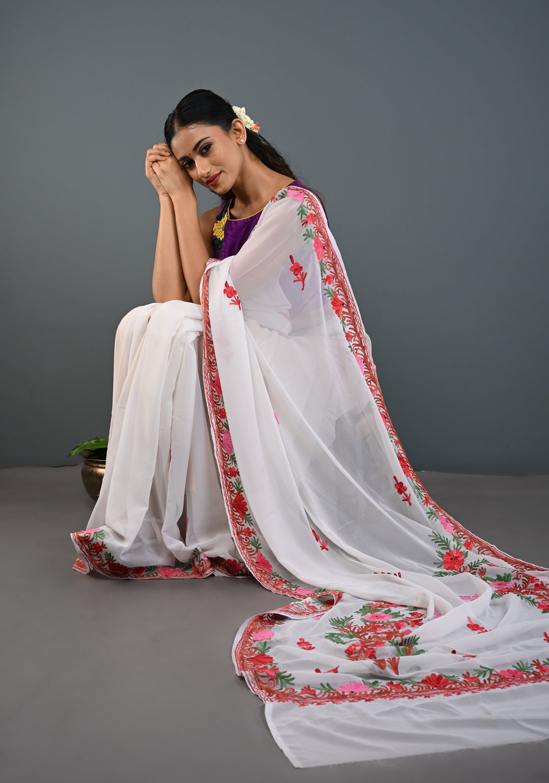 Off White Kashmiri Aari Georgette Saree with Floral Embroidery