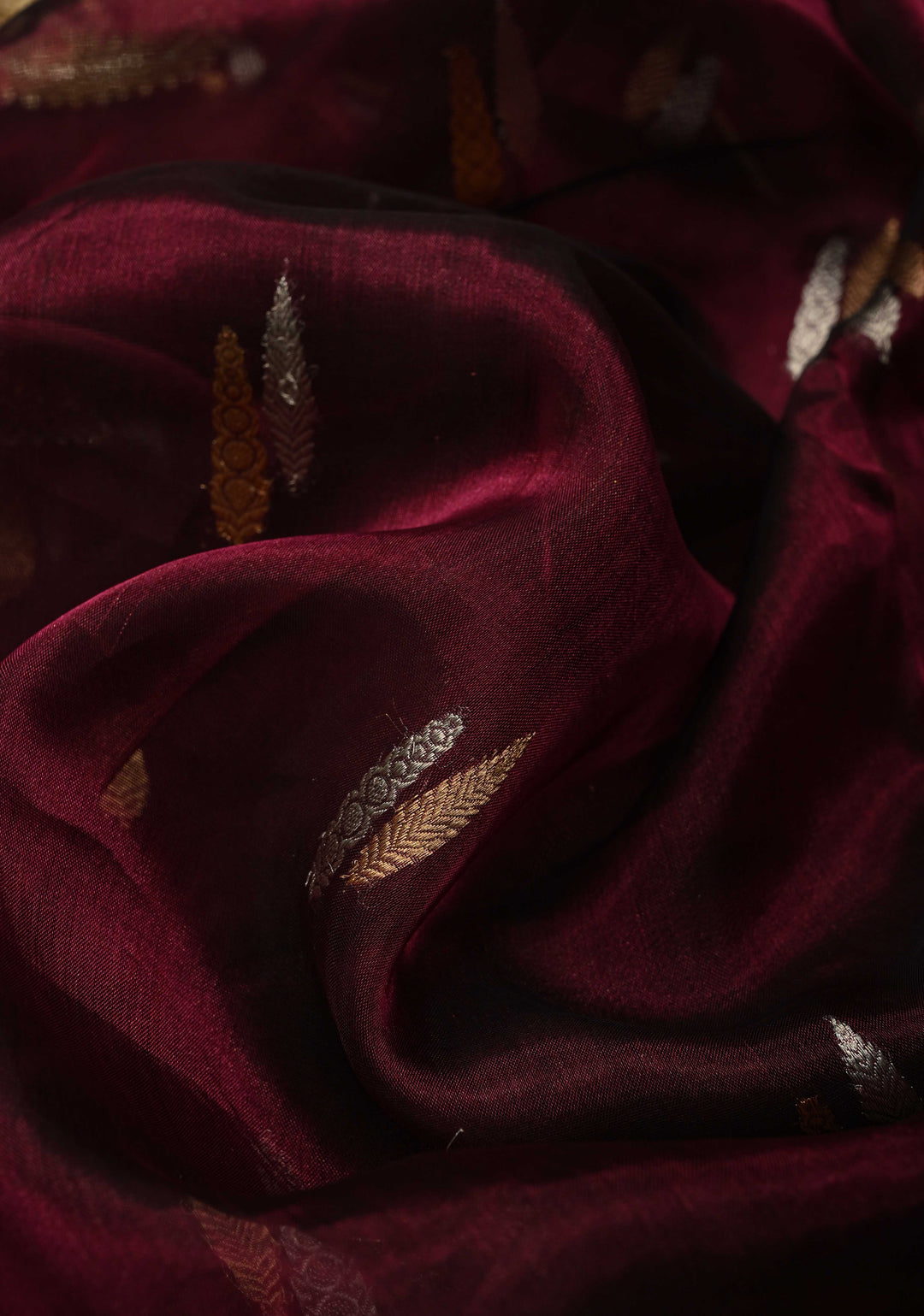 Wine Banarasi Organza Tissue Silk Saree with Sona Rupa Zari Buttas and Fancy Lace Trim Border | SILK MARK CERTIFIED | SHOBITAM
