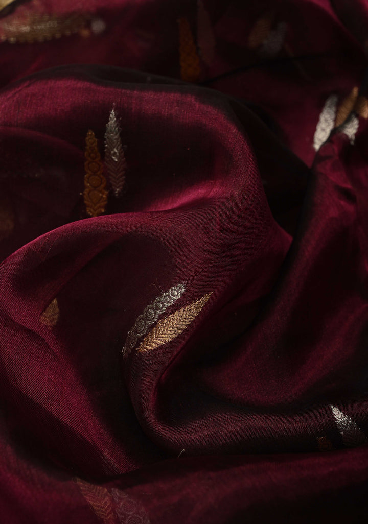 Wine Banarasi Organza Tissue Silk Saree with Sona Rupa Zari Buttas and Fancy Lace Trim Border | SILK MARK CERTIFIED | SHOBITAM