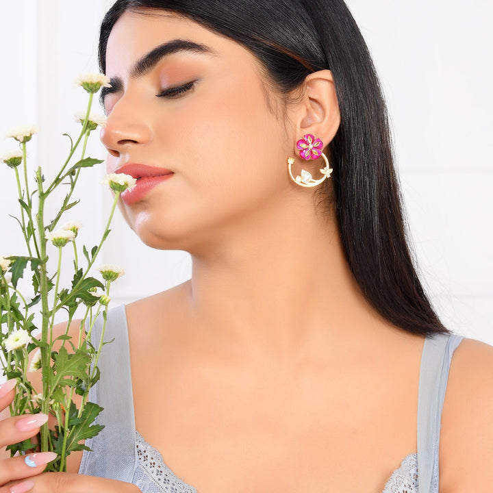 Flower Fantasy Magenta Bloom Half Hoop Earrings  | SHOBITAM