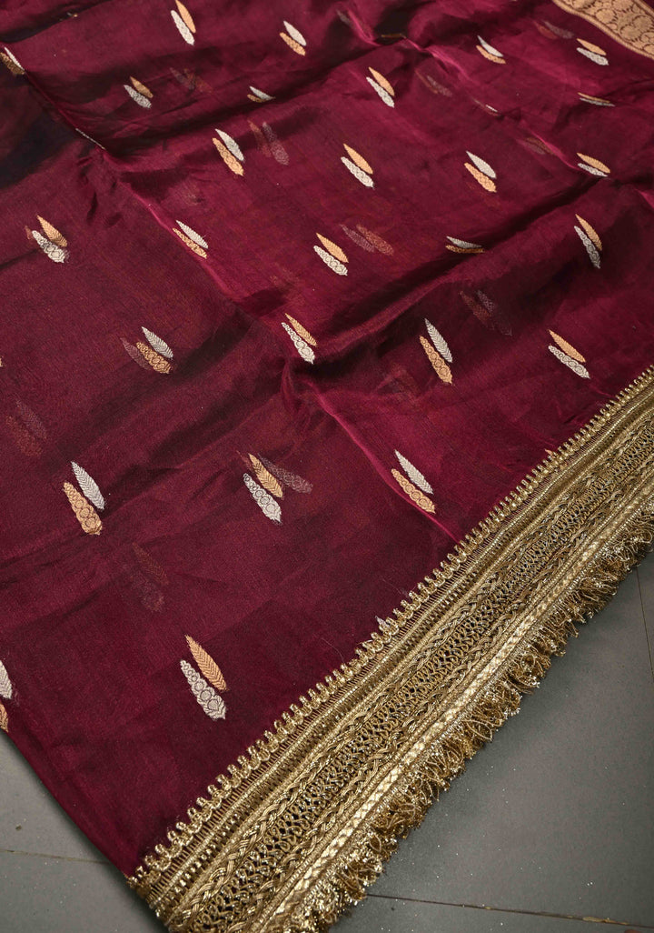 Wine Banarasi Organza Tissue Silk Saree with Sona Rupa Zari Buttas and Fancy Lace Trim Border | SILK MARK CERTIFIED | SHOBITAM