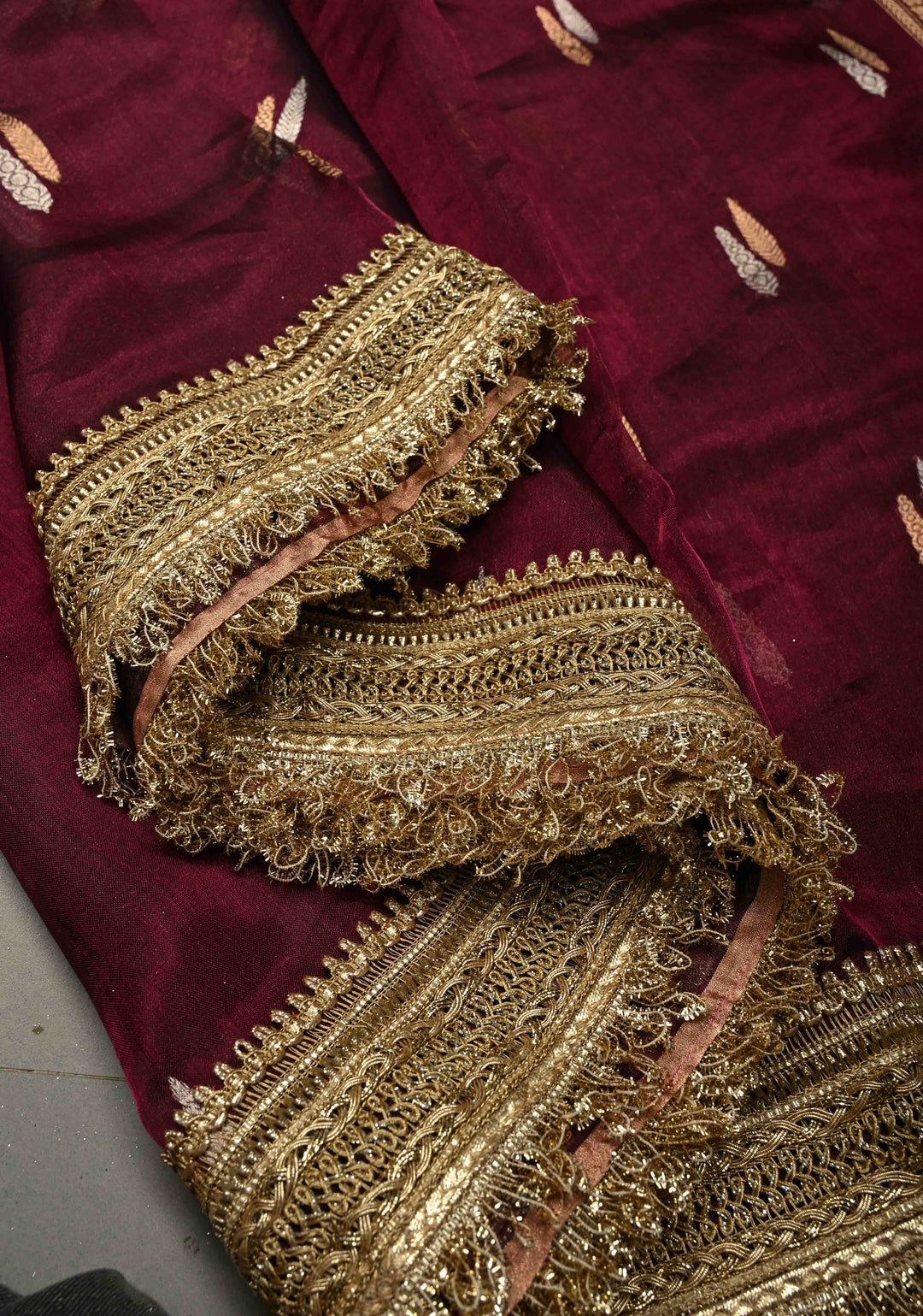 Wine Banarasi Organza Tissue Silk Saree with Sona Rupa Zari Buttas and Fancy Lace Trim Border | SILK MARK CERTIFIED | SHOBITAM