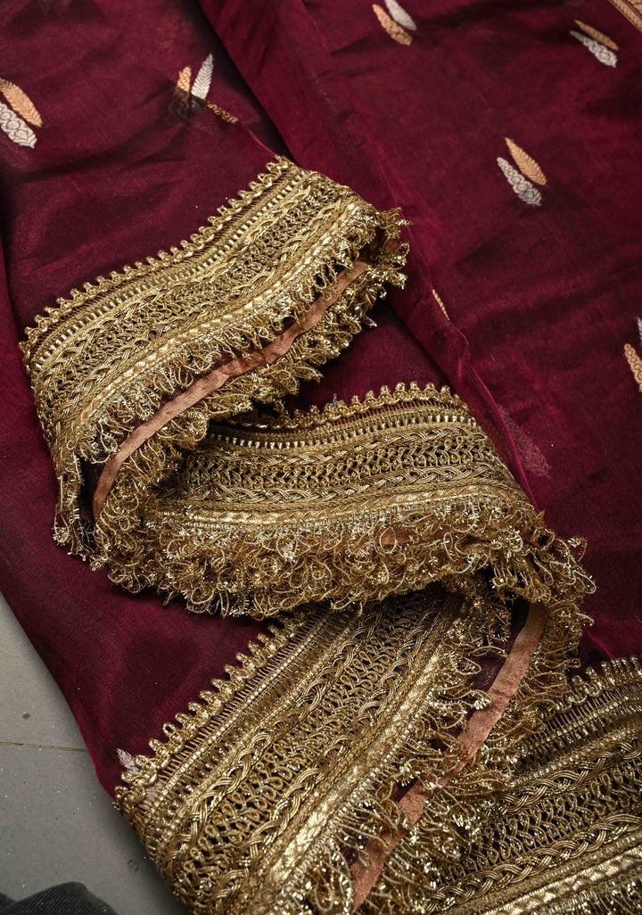 Wine Banarasi Organza Tissue Silk Saree with Sona Rupa Zari Buttas and Fancy Lace Trim Border | SILK MARK CERTIFIED | SHOBITAM