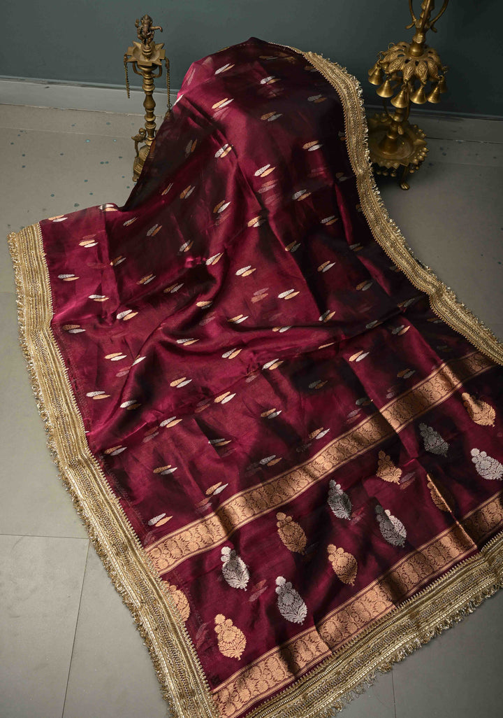 Wine Banarasi Organza Tissue Silk Saree with Sona Rupa Zari Buttas and Fancy Lace Trim Border | SILK MARK CERTIFIED | SHOBITAM