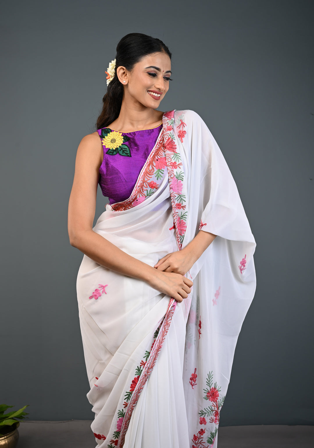 Off White Kashmiri Aari Georgette Saree with Floral Embroidery
