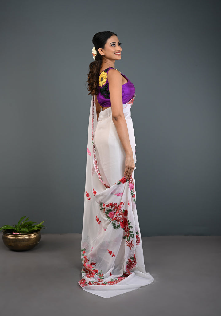 Off White Kashmiri Aari Georgette Saree with Floral Embroidery