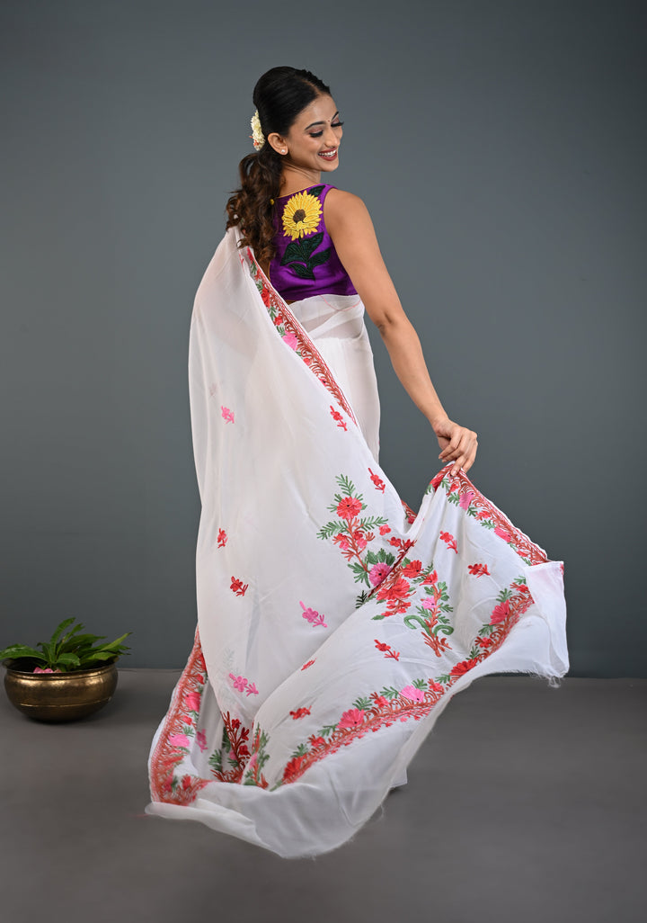 Off White Kashmiri Aari Georgette Saree with Floral Embroidery