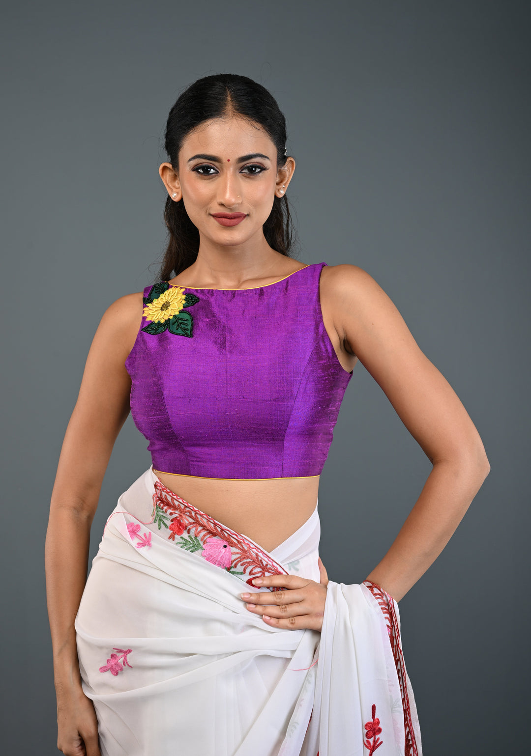 Purple Pure Raw Silk Sleeveless Blouse with Sunflower Handpainting, Beadwork and Back Cutout Design , Customizable, Made to Order