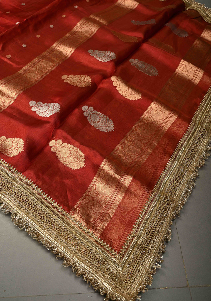 Maroon Organza Tissue Silk Saree with Sona Rupa Zari Buttas and Fancy Lace Trim Border | SILK MARK CERTIFIED | SHOBITAM
