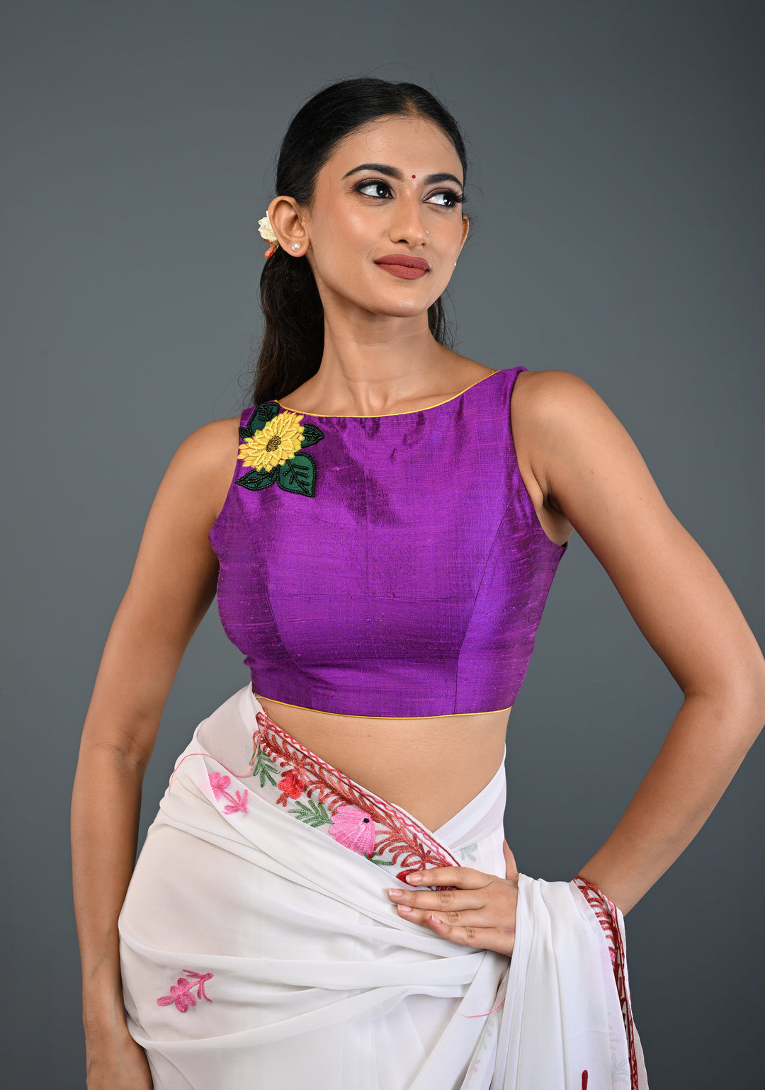 Purple Pure Raw Silk Sleeveless Blouse with Sunflower Handpainting, Beadwork and Back Cutout Design , Customizable, Made to Order