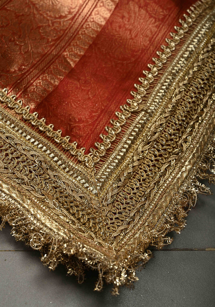 Maroon Organza Tissue Silk Saree with Sona Rupa Zari Buttas and Fancy Lace Trim Border | SILK MARK CERTIFIED | SHOBITAM