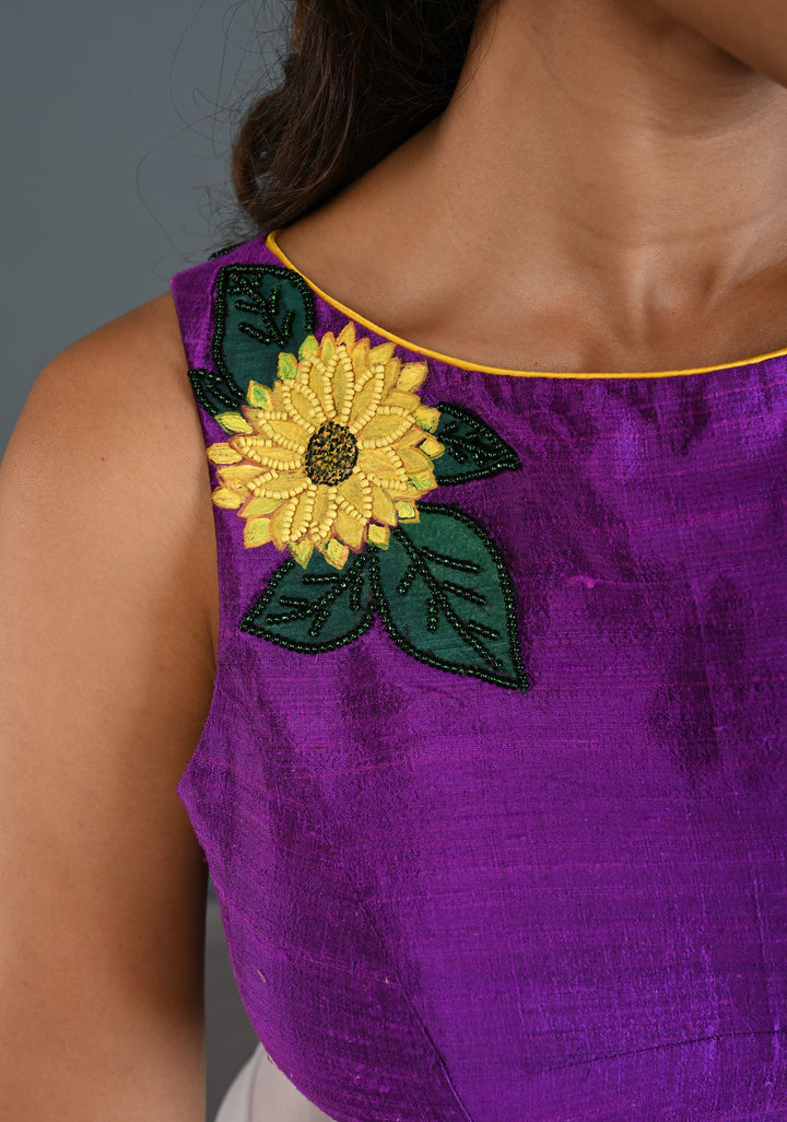 Purple Pure Raw Silk Sleeveless Blouse with Sunflower Handpainting, Beadwork and Back Cutout Design , Customizable, Made to Order