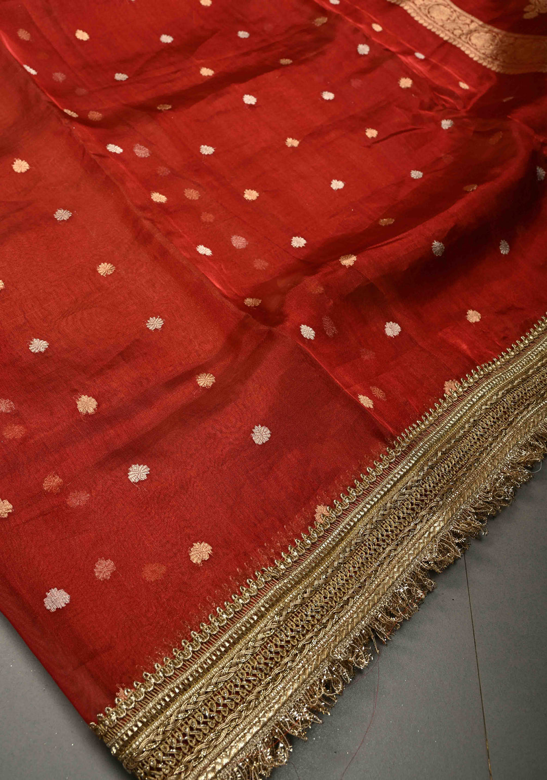 Maroon Organza Tissue Silk Saree with Sona Rupa Zari Buttas and Fancy Lace Trim Border | SILK MARK CERTIFIED | SHOBITAM
