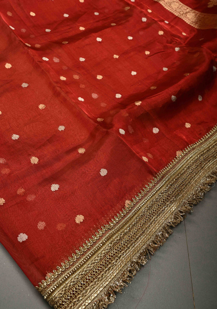 Maroon Organza Tissue Silk Saree with Sona Rupa Zari Buttas and Fancy Lace Trim Border | SILK MARK CERTIFIED | SHOBITAM