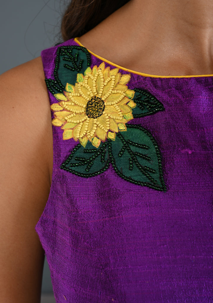 Purple Pure Raw Silk Sleeveless Blouse with Sunflower Handpainting, Beadwork and Back Cutout Design , Customizable, Made to Order