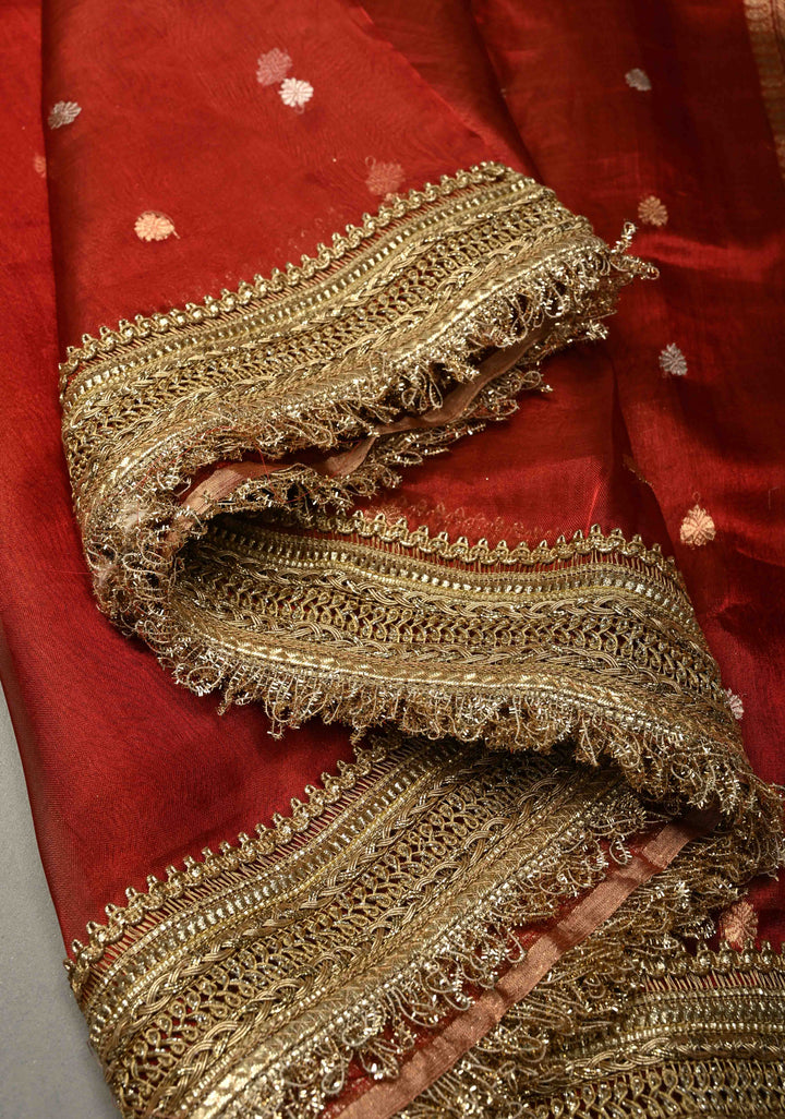Maroon Organza Tissue Silk Saree with Sona Rupa Zari Buttas and Fancy Lace Trim Border | SILK MARK CERTIFIED | SHOBITAM