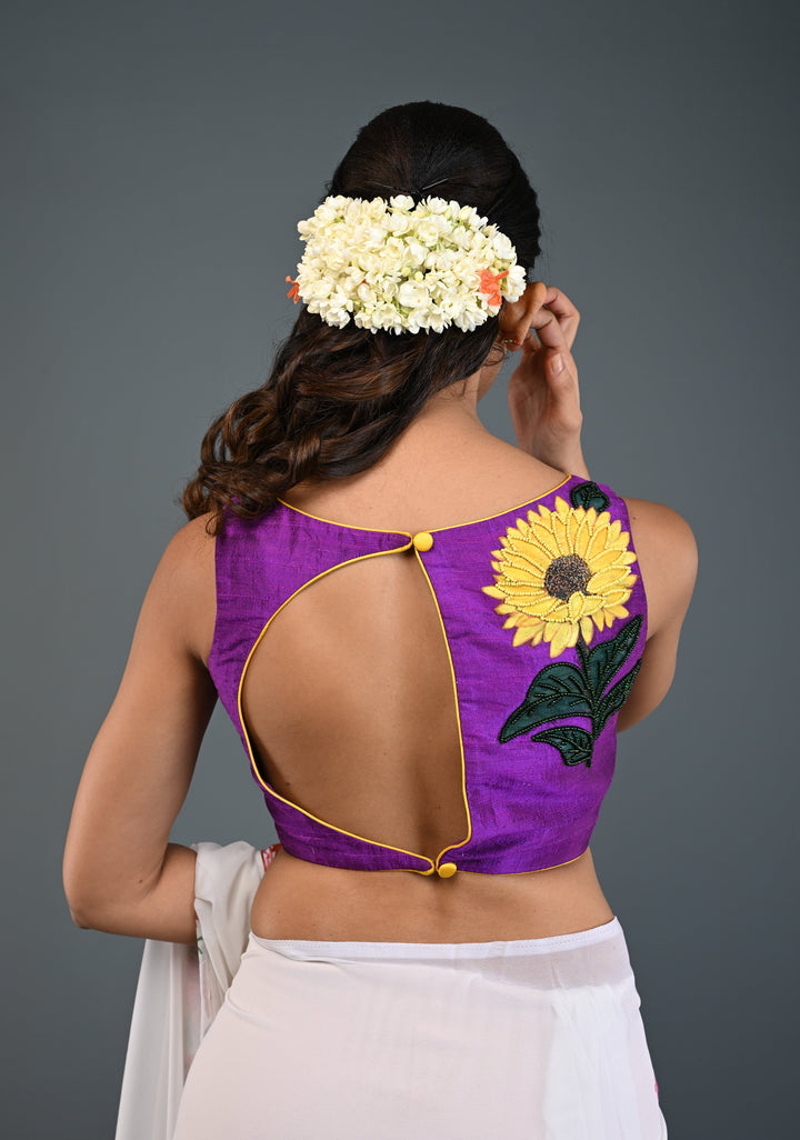 Purple Pure Raw Silk Sleeveless Blouse with Sunflower Handpainting, Beadwork and Back Cutout Design , Customizable, Made to Order