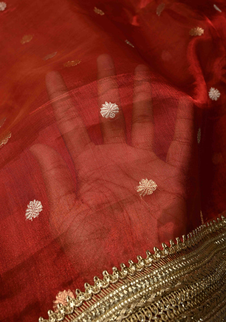 Maroon Organza Tissue Silk Saree with Sona Rupa Zari Buttas and Fancy Lace Trim Border | SILK MARK CERTIFIED | SHOBITAM