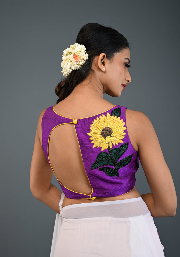 Purple Pure Raw Silk Sleeveless Blouse with Sunflower Handpainting, Beadwork and Back Cutout Design , Customizable, Made to Order