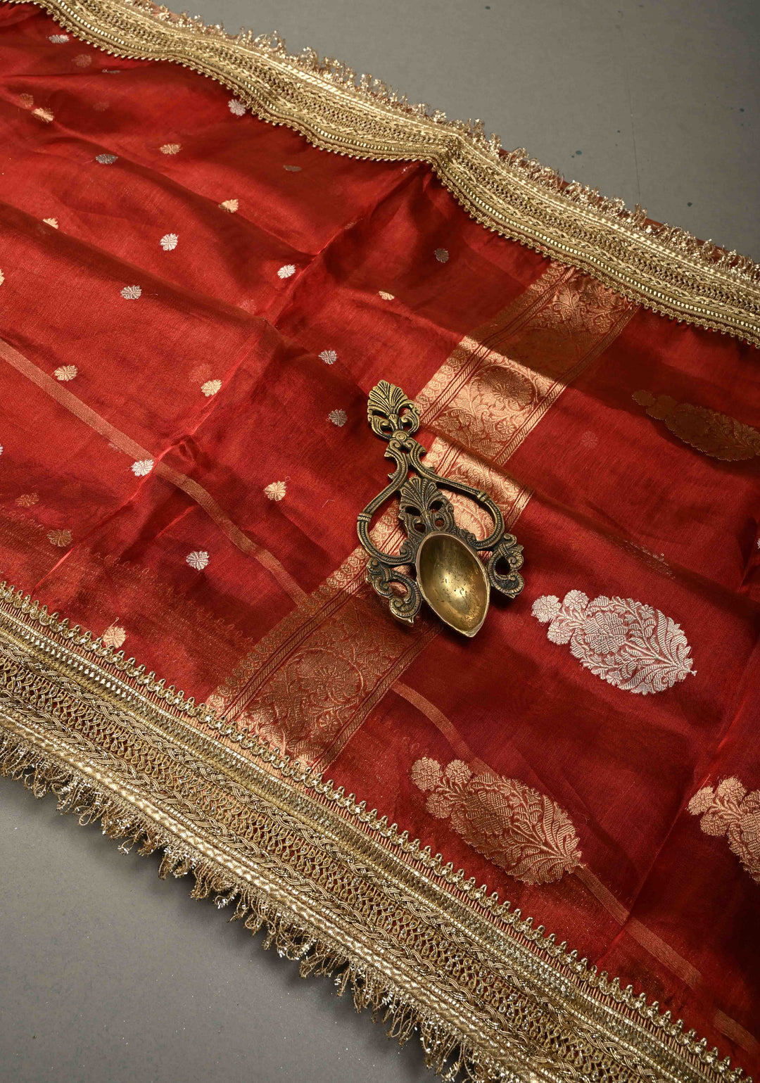 Maroon Organza Tissue Silk Saree with Sona Rupa Zari Buttas and Fancy Lace Trim Border | SILK MARK CERTIFIED | SHOBITAM