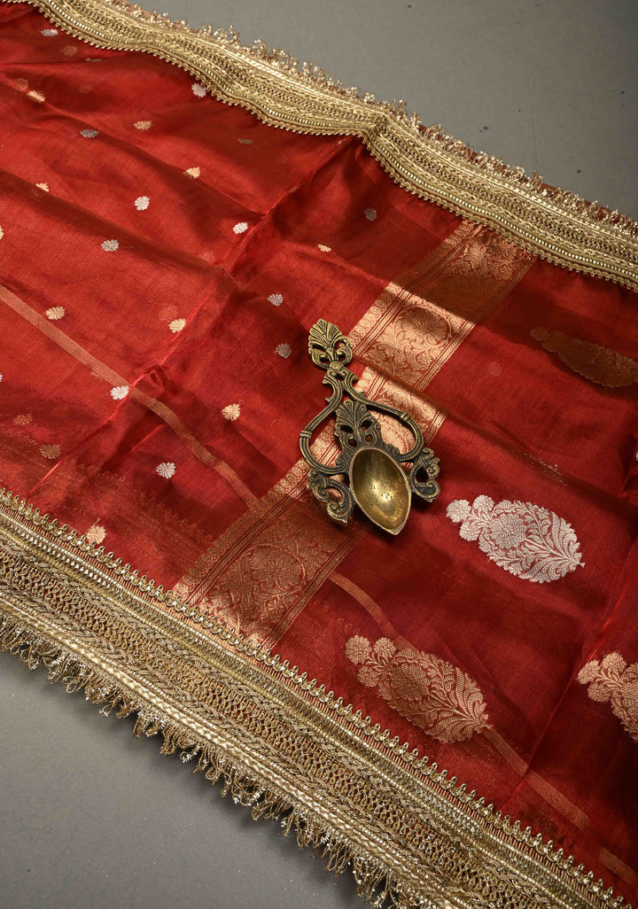 Maroon Organza Tissue Silk Saree with Sona Rupa Zari Buttas and Fancy Lace Trim Border | SILK MARK CERTIFIED | SHOBITAM