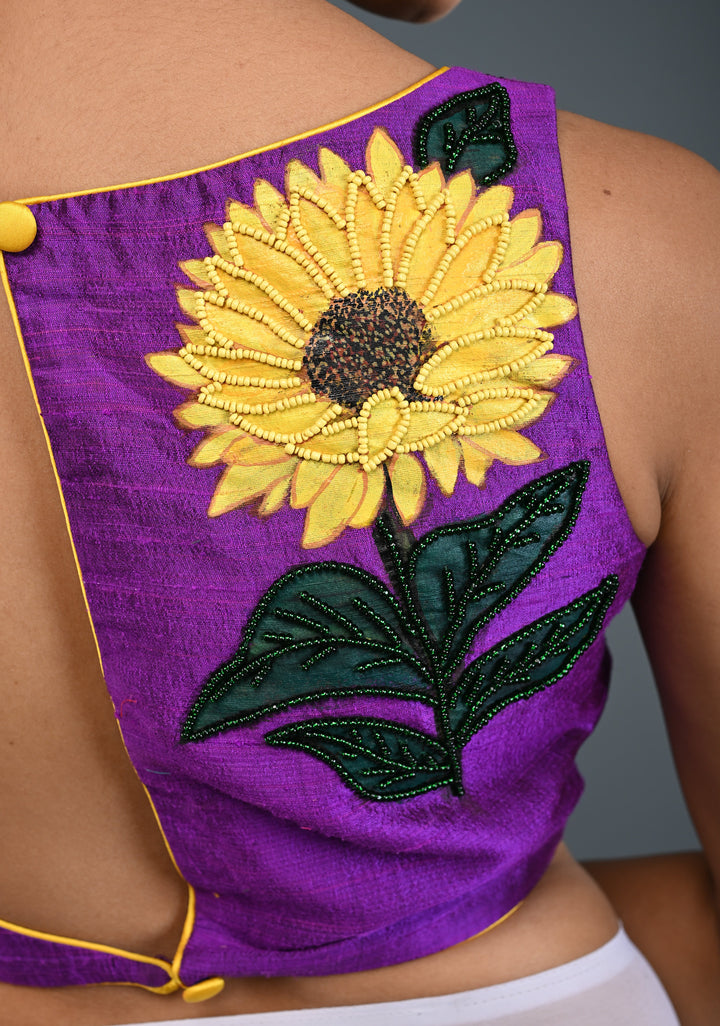 Purple Pure Raw Silk Sleeveless Blouse with Sunflower Handpainting, Beadwork and Back Cutout Design , Customizable, Made to Order