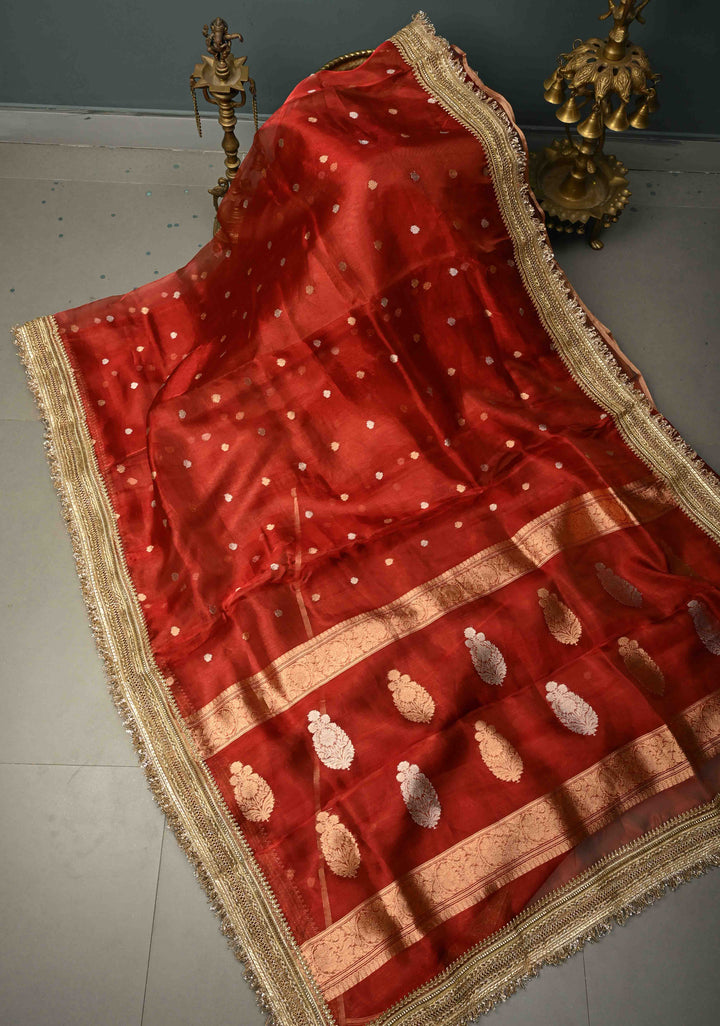 Maroon Organza Tissue Silk Saree with Sona Rupa Zari Buttas and Fancy Lace Trim Border | SILK MARK CERTIFIED | SHOBITAM