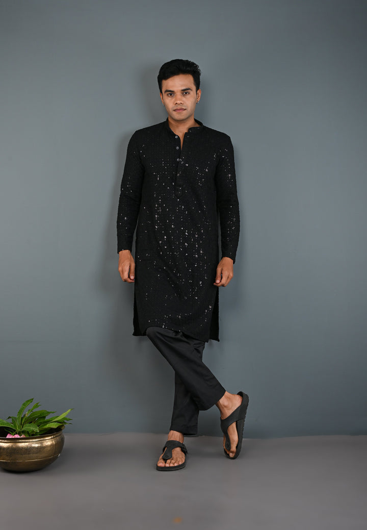 Black Chikankari Kurta with Sequins and Pajama Set for Men | Made to Order