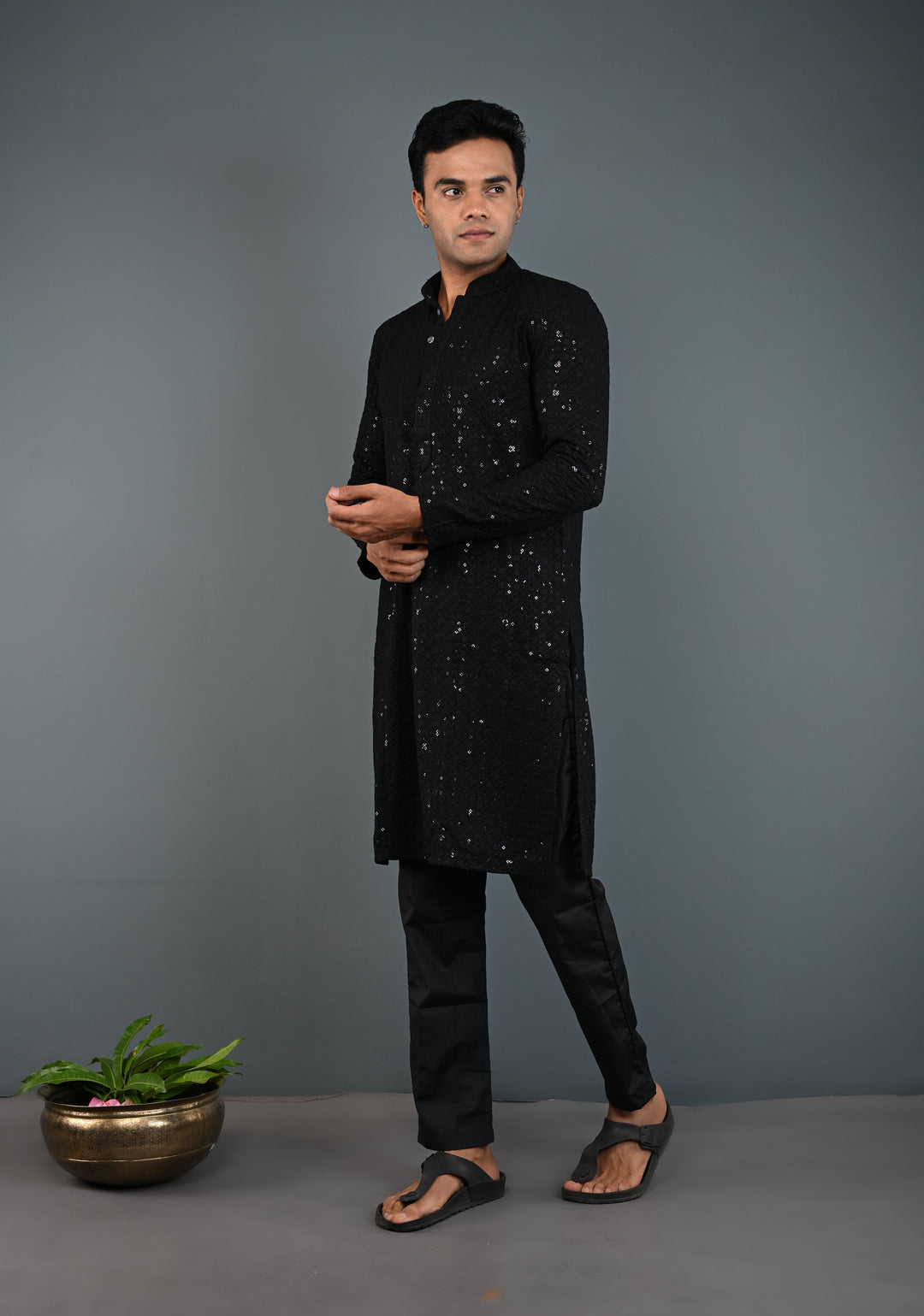 Black Chikankari Kurta with Sequins and Pajama Set for Men | Made to Order