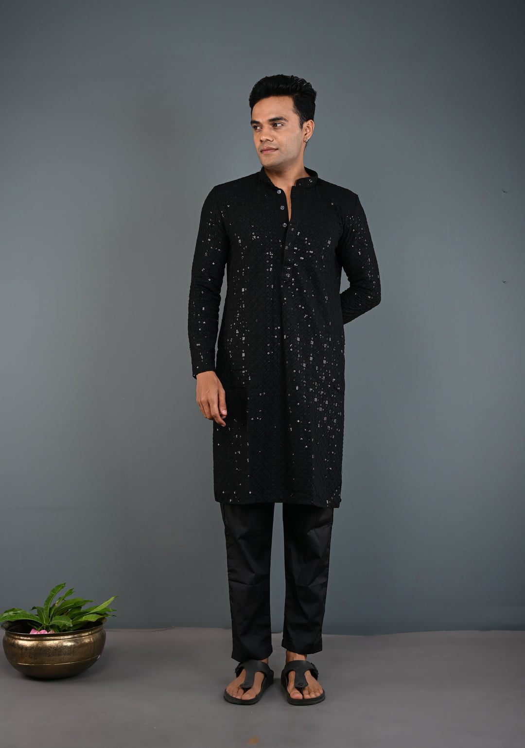Black Chikankari Kurta with Sequins and Pajama Set for Men | Made to Order