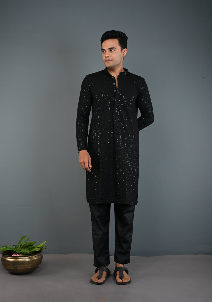 Black Chikankari Kurta with Sequins and Pajama Set for Men | Made to Order