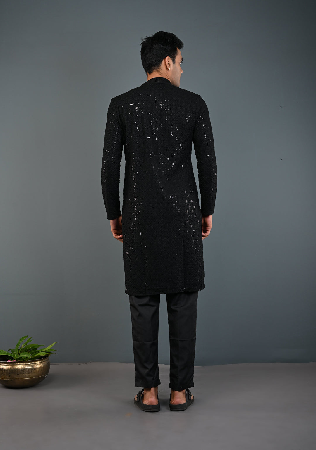 Black Chikankari Kurta with Sequins and Pajama Set for Men | Made to Order