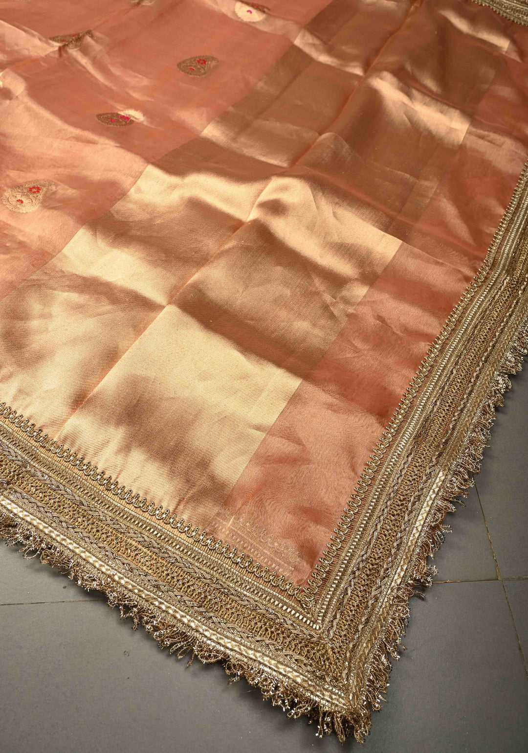 Peach Pink Organza Tissue Silk Saree with Meenakari Zari Buttas and Fancy Lace Trim Border | SILK MARK CERTIFIED | SHOBITAM