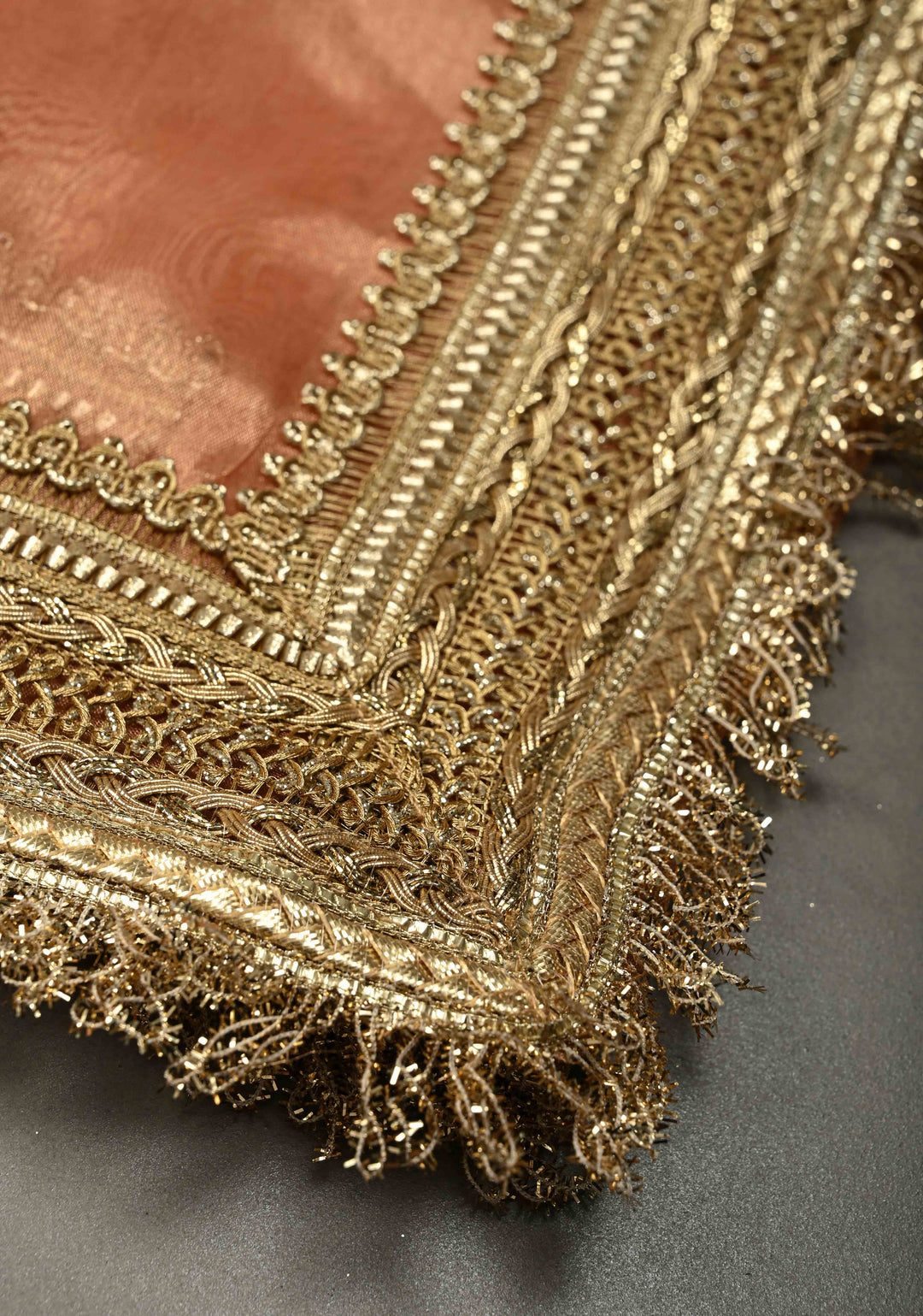 Peach Pink Organza Tissue Silk Saree with Meenakari Zari Buttas and Fancy Lace Trim Border | SILK MARK CERTIFIED | SHOBITAM