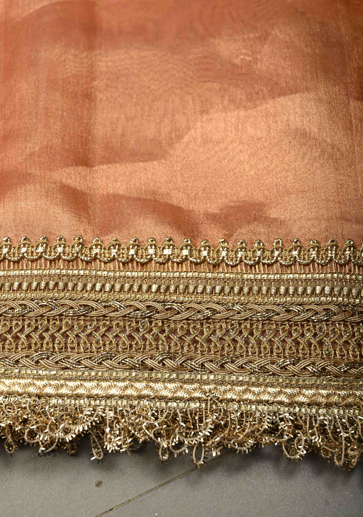 Peach Pink Organza Tissue Silk Saree with Meenakari Zari Buttas and Fancy Lace Trim Border | SILK MARK CERTIFIED | SHOBITAM