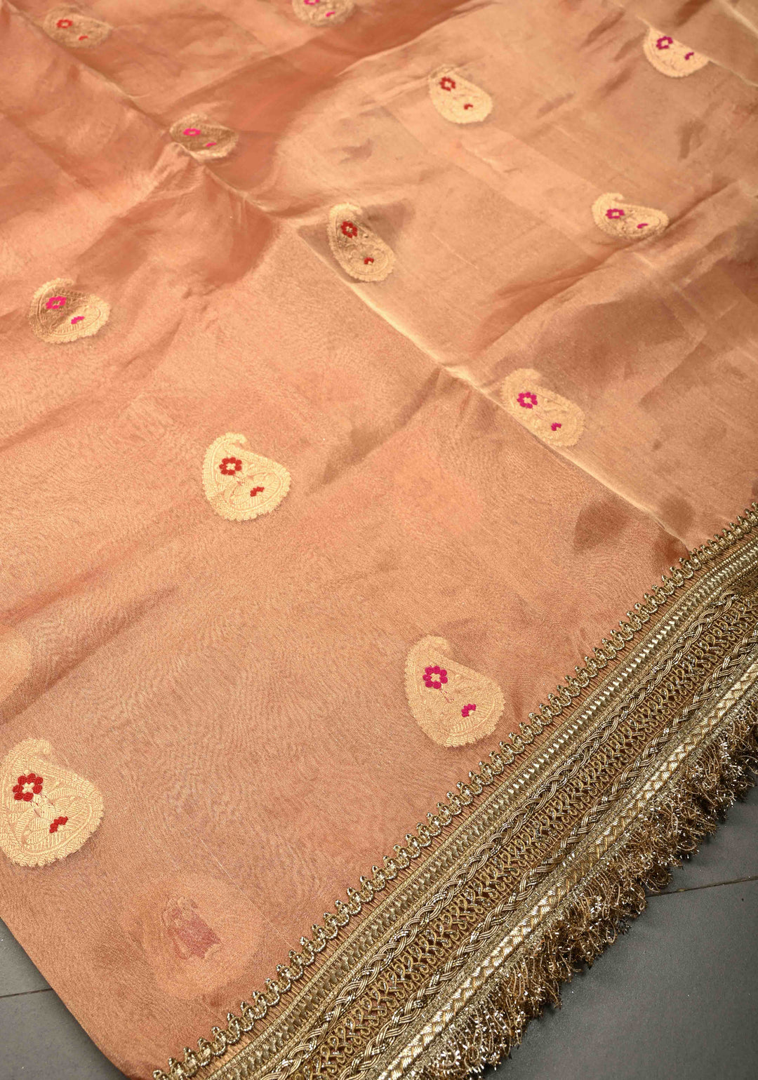 Peach Pink Organza Tissue Silk Saree with Meenakari Zari Buttas and Fancy Lace Trim Border | SILK MARK CERTIFIED | SHOBITAM