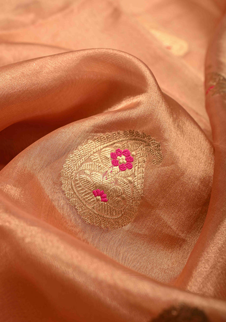 Peach Pink Organza Tissue Silk Saree with Meenakari Zari Buttas and Fancy Lace Trim Border | SILK MARK CERTIFIED | SHOBITAM