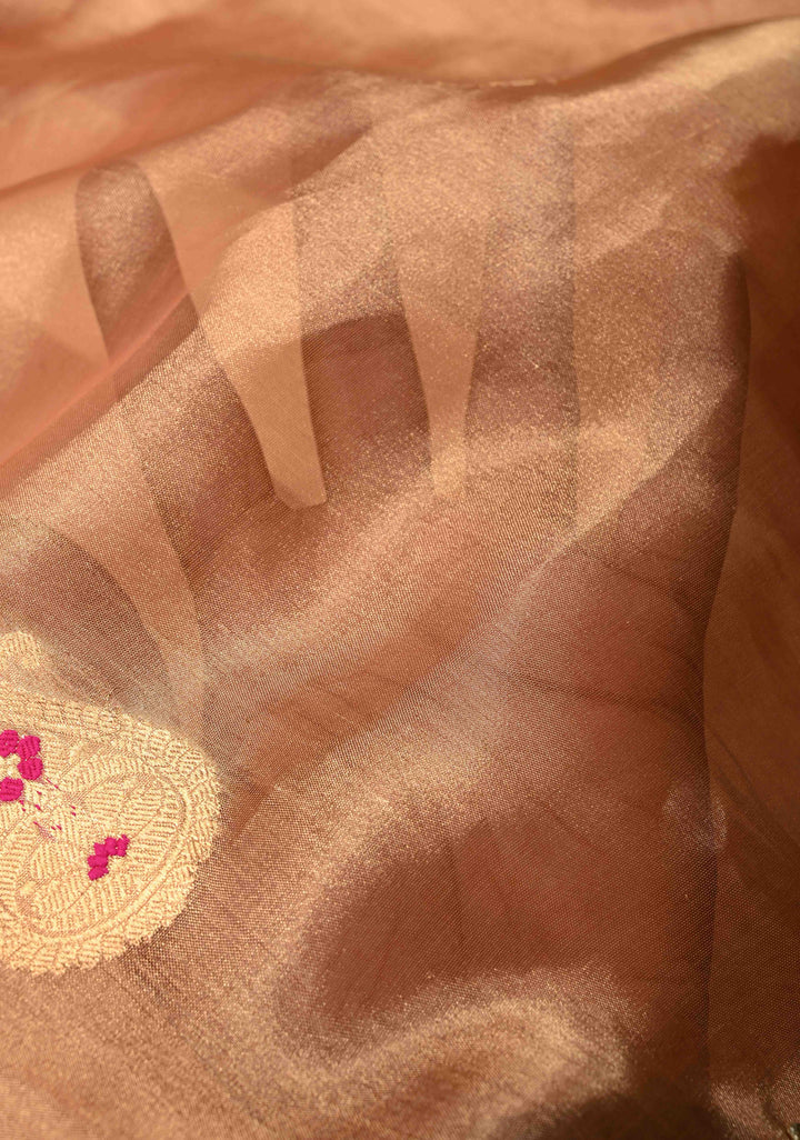 Peach Pink Organza Tissue Silk Saree with Meenakari Zari Buttas and Fancy Lace Trim Border | SILK MARK CERTIFIED | SHOBITAM