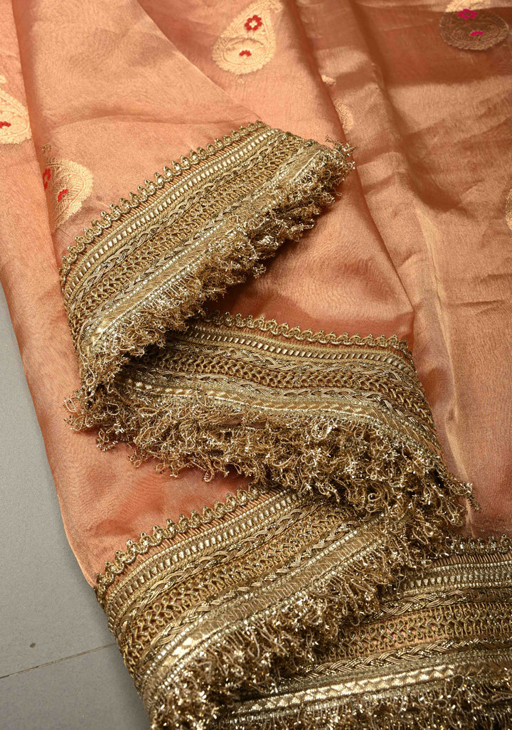 Peach Pink Organza Tissue Silk Saree with Meenakari Zari Buttas and Fancy Lace Trim Border | SILK MARK CERTIFIED | SHOBITAM