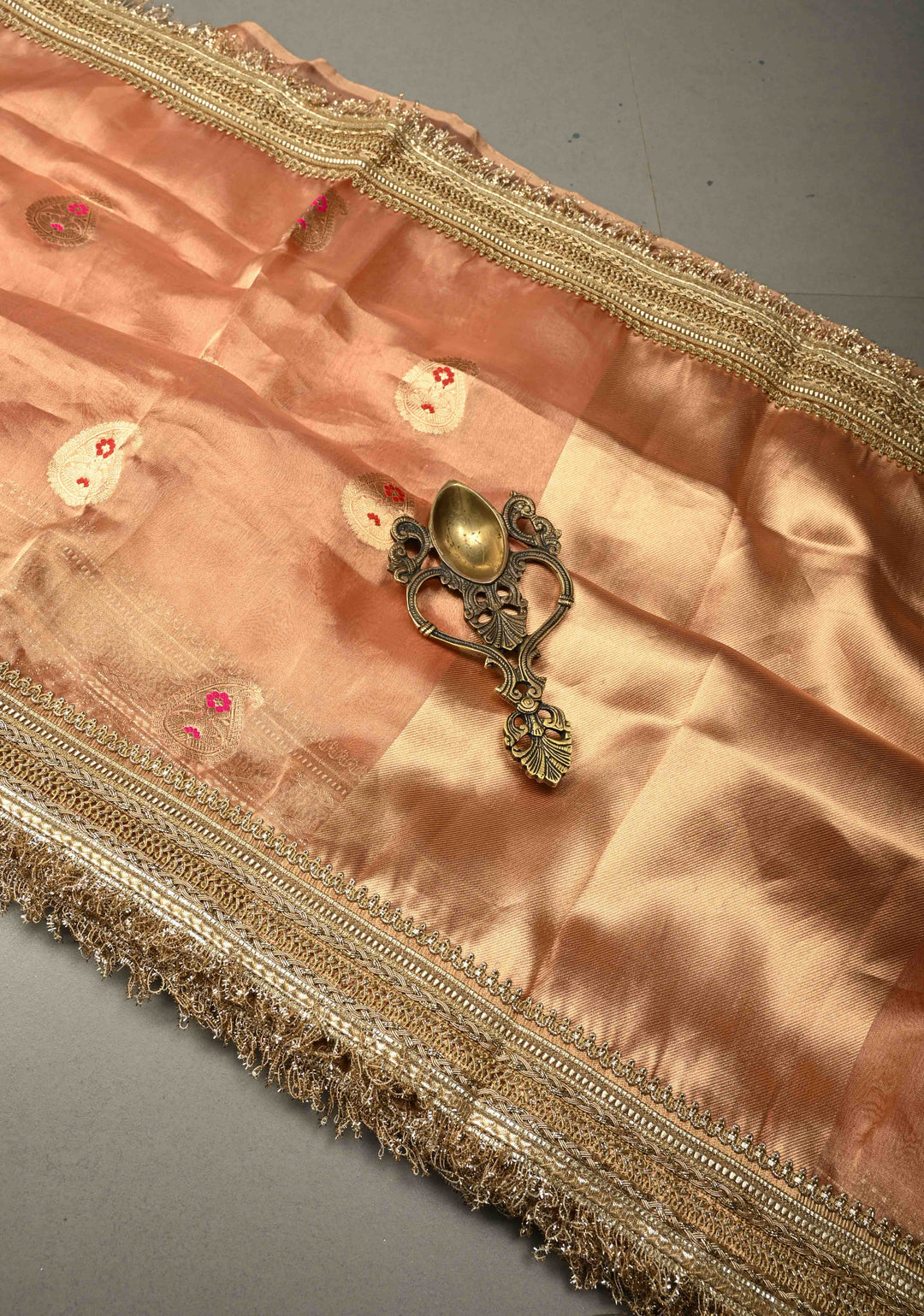 Peach Pink Organza Tissue Silk Saree with Meenakari Zari Buttas and Fancy Lace Trim Border | SILK MARK CERTIFIED | SHOBITAM