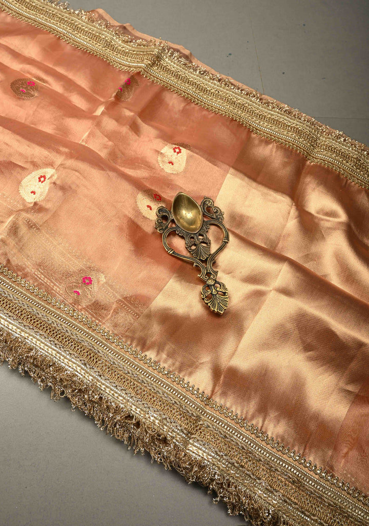 Peach Pink Organza Tissue Silk Saree with Meenakari Zari Buttas and Fancy Lace Trim Border | SILK MARK CERTIFIED | SHOBITAM