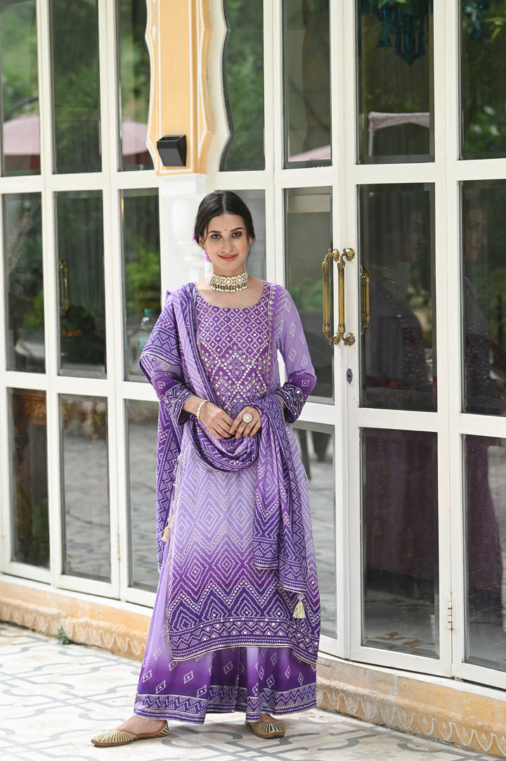 Lilac Shehzadi Bandhini Muslin Suit Set - SET OF-3 | SHOBITAM