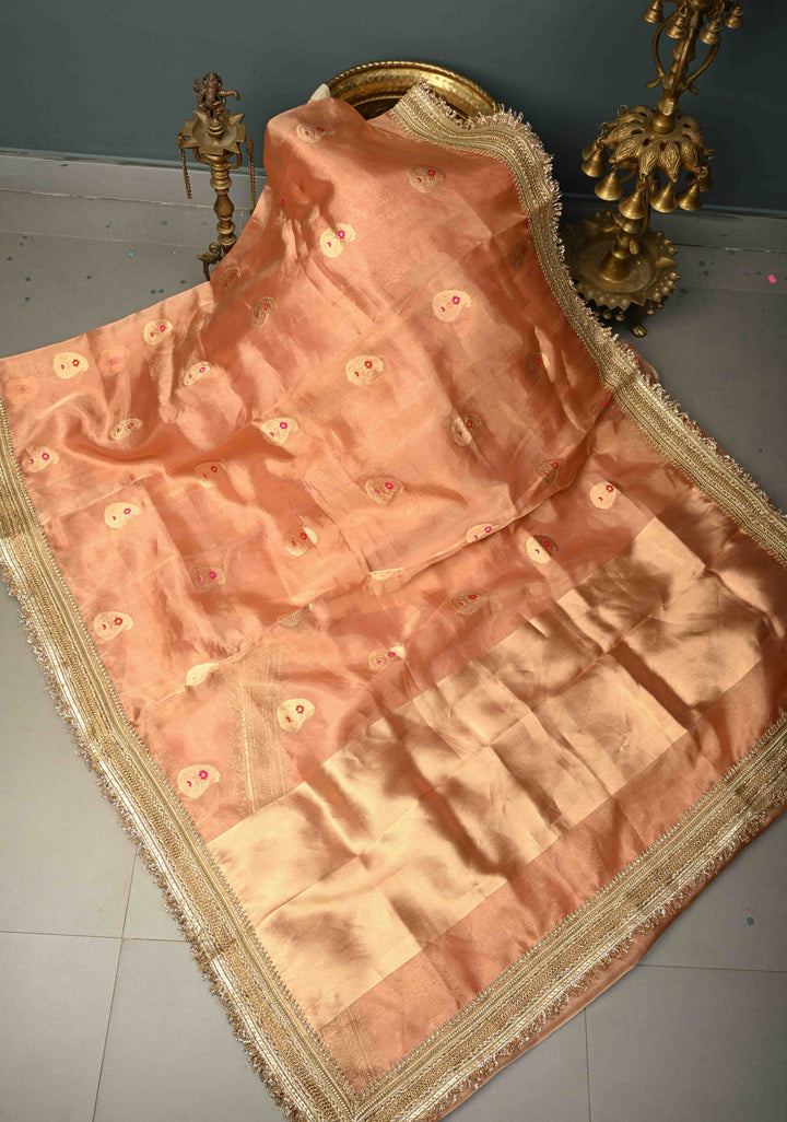 Peach Pink Organza Tissue Silk Saree with Meenakari Zari Buttas and Fancy Lace Trim Border | SILK MARK CERTIFIED | SHOBITAM