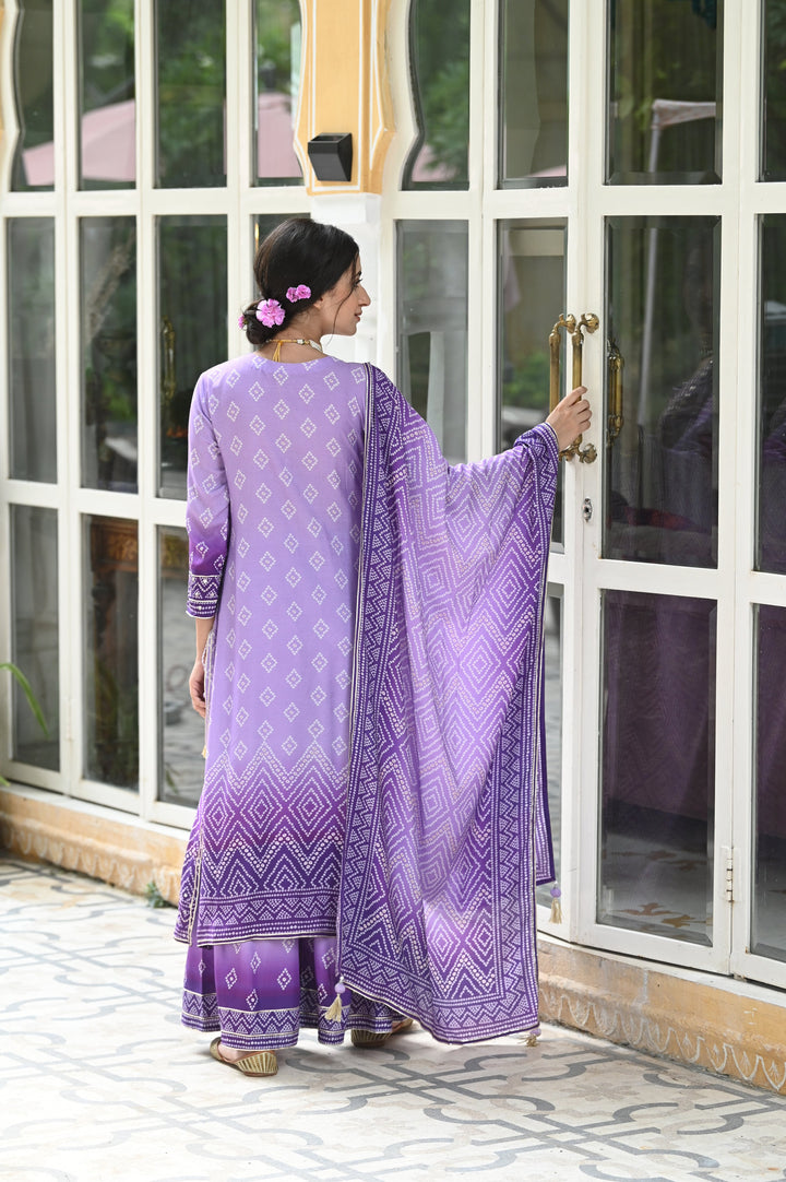Lilac Shehzadi Bandhini Muslin Suit Set - SET OF-3 | SHOBITAM