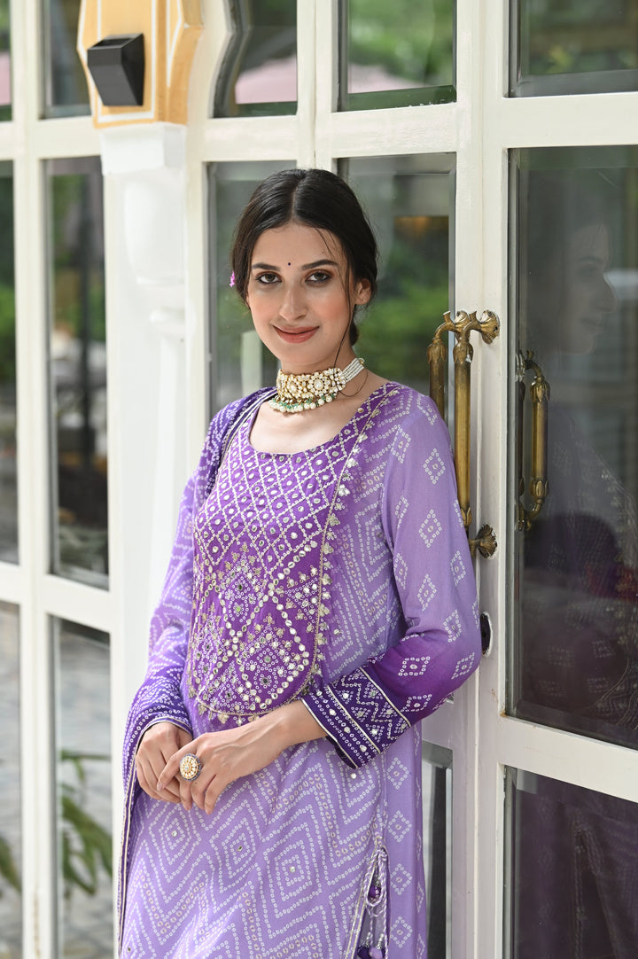 Lilac Shehzadi Bandhini Muslin Suit Set - SET OF-3 | SHOBITAM
