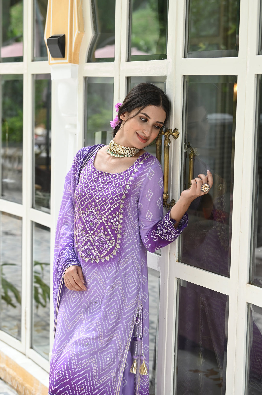 Lilac Shehzadi Bandhini Muslin Suit Set - SET OF-3 | SHOBITAM