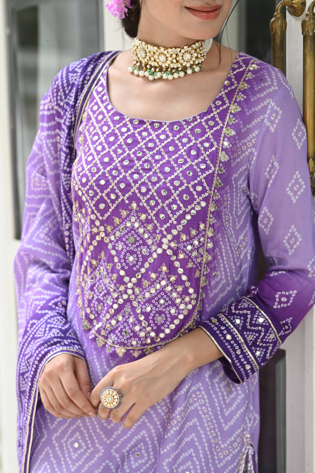 Lilac Shehzadi Bandhini Muslin Suit Set - SET OF-3 | SHOBITAM