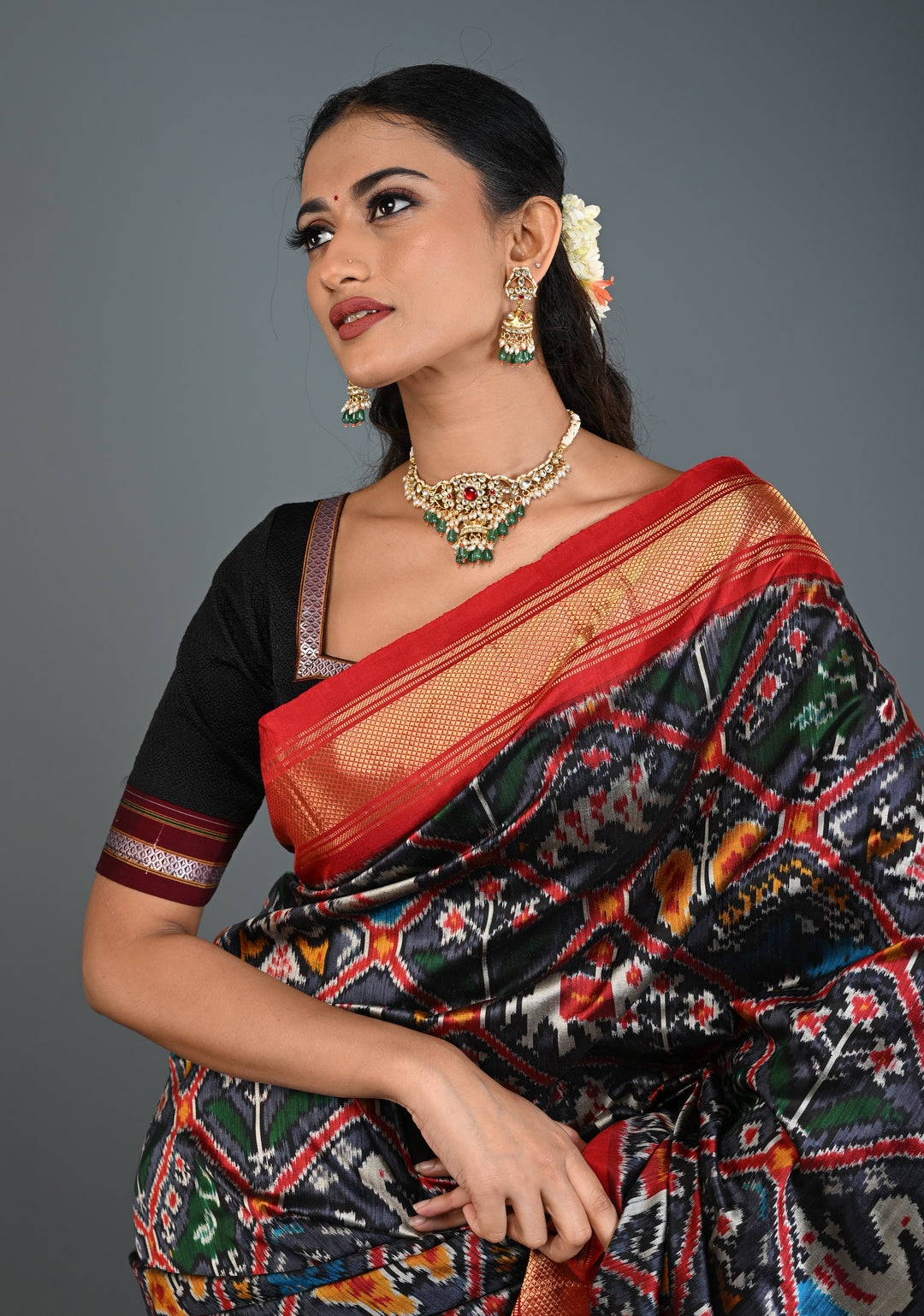 Ahmedabadi kundan multistrand necklace set with Floral Pendant and sage green dangling beads and pearls